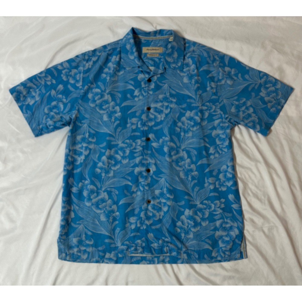 Tommy Bahama Mens Blue Floral 100% Silk Button Up Camp Shirt Original Fit Large